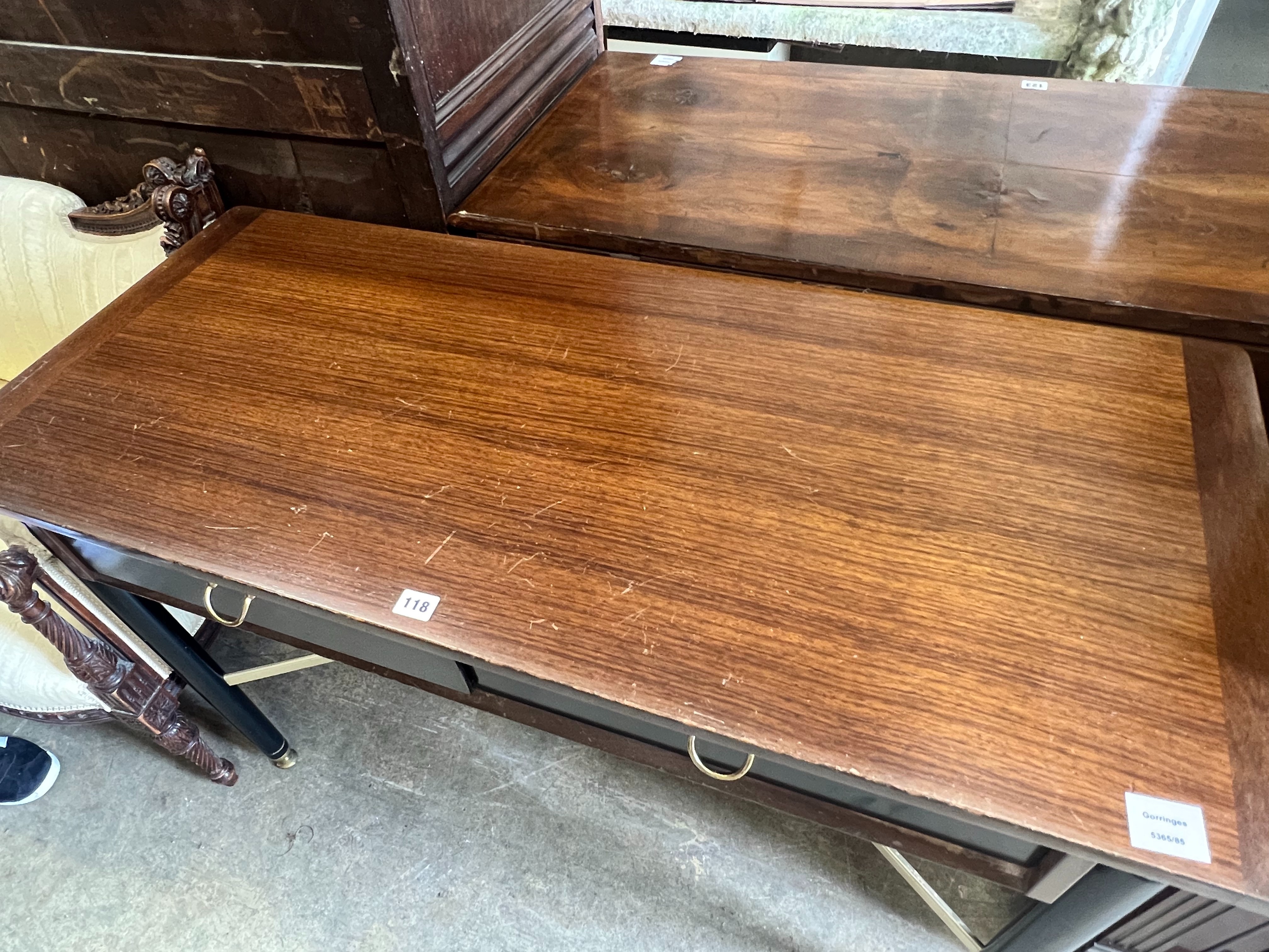 A G plan teak two drawer writing table, width 119cm depth 52cm height 74cm